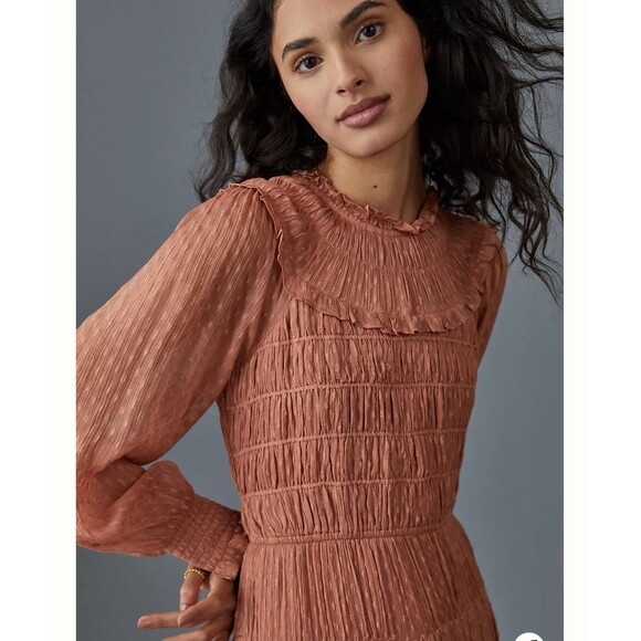 ANTHROPOLOGIE Dalia Smocked Mini Dress Size XS Rust Rose Pink Ruffle Tiered - Picture 3 of 13